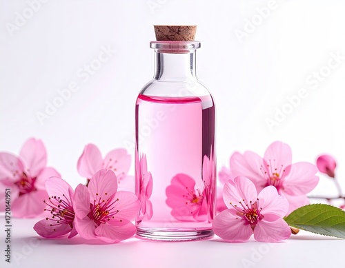 Pink Cherry Blossom Essential Oil in Glass Bottle.