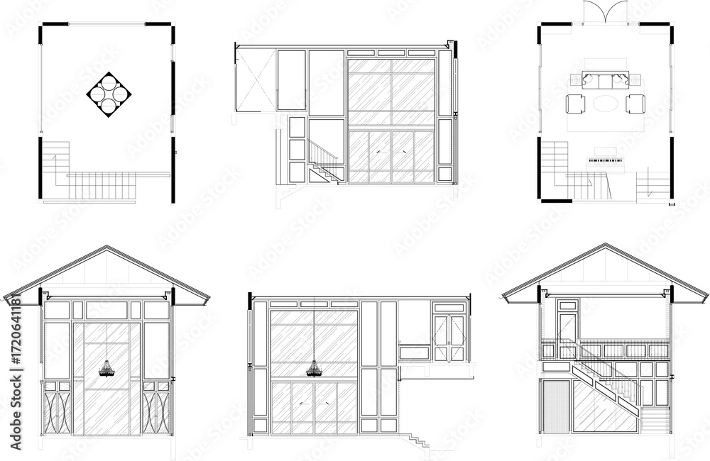 Fototapeta premium “Digital Drawing of a 2-Storey Residential Hall with Floor Plan and Elevation Interior Design”