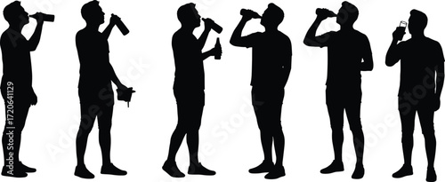 Man drinking silhouette, holding bottle, beverage consumption, casual lifestyle, refreshment, standing figure, black vector illustration, healthy hydration concept