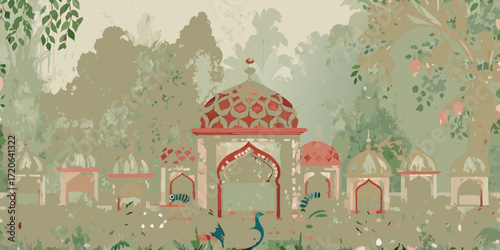 Enchanting mughal garden with ornate pavilions and exotic birds amidst lush foliage