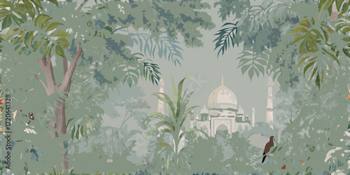 Mughal empire architectural masterpiece taj mahal hidden in a lush jungle with exotic flora and fauna