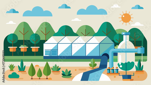 A sustainable solution for greenhouse irrigation using recycled water from other agricultural processes and reducing water waste.. Vector illustration