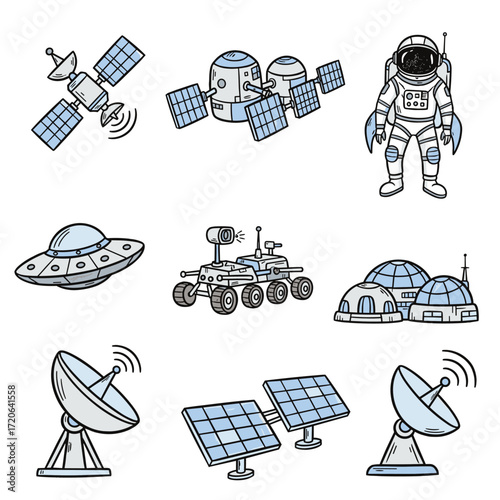 Set of  space tech icons in hand drawn doodle style. Vector illustration with satellite, space station, astronaut, rocket, Mars rover, telescope, moon base, solar panel array, alien signal