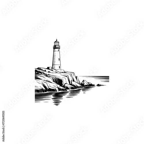 Black and white illustration of a lighthouse on a rocky coastline with water reflection