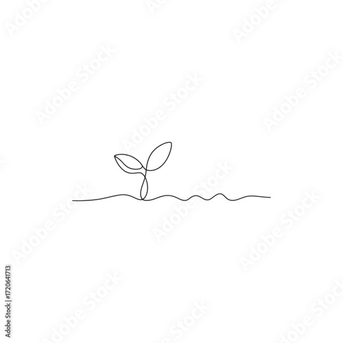 Minimalist single line drawing of a seedling sprouting from the earth