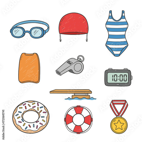 Set of  swimming icons in hand drawn doodle style. Vector illustration with goggles, cap, swimsuit, kickboard, whistle, stopwatch, pool float, diving board, lifebuoy, medal