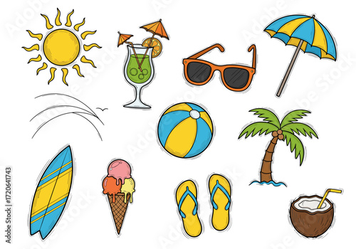 Set of  surfing icons in hand drawn doodle style. Vector illustration with surfboard, wave, wetsuit, sunglasses, lifebuoy, palm tree, shell, fins, beach umbrella, ocean sun