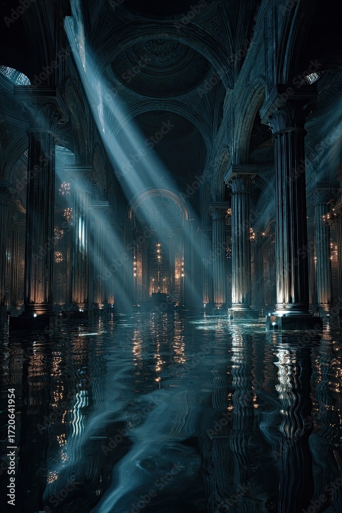 Obraz premium Sunbeams pierce a flooded, classical hall; water reflects the grandeur of columns, arches, and dimly lit fixtures