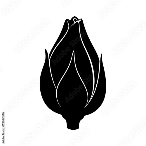 Black silhouette of a closed flower bud isolated on white background silhouette