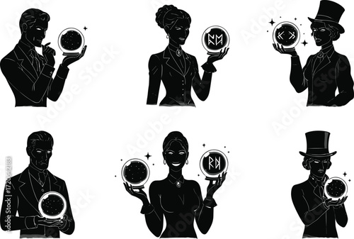Victorian style fortune tellers, magical crystal balls with runes, mystical seers, vintage psychics, silhouette vector art, fantasy divination concept