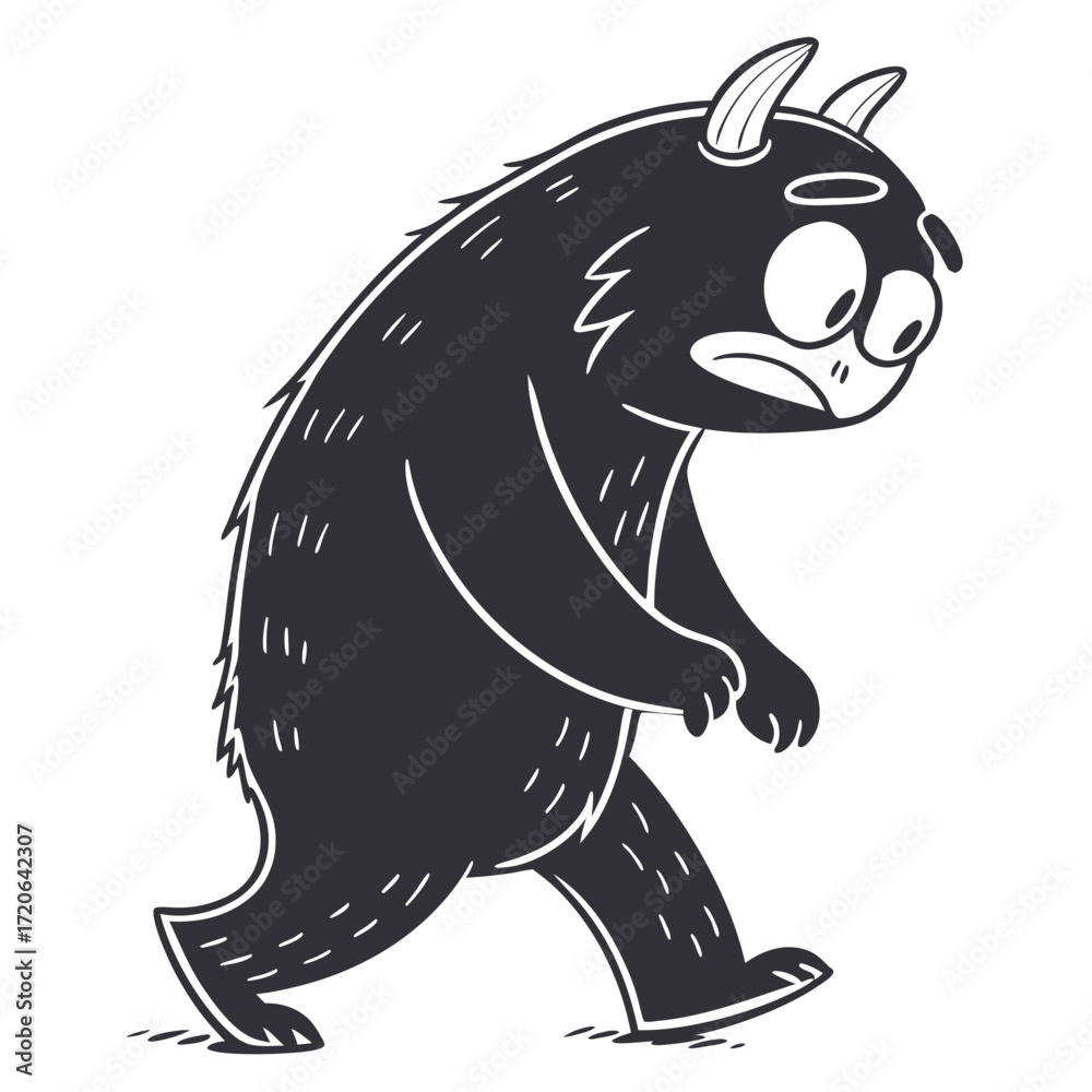 Fototapeta premium A Sad Horned Cartoon Monster Walking with a Worried Expression