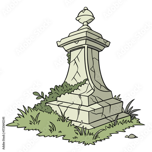 Cartoon weathered stone monument with cracks and surrounding green foliage