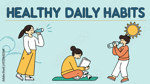 Colorful Illustration of Healthy Daily Habits for Wellbeing