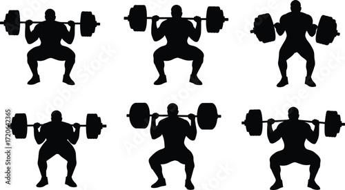 Weightlifter silhouette, barbell squat, gym training, bodybuilding workout, strength athlete, heavy lifting exercise, powerlifting practice, muscle building fitness vector illustration