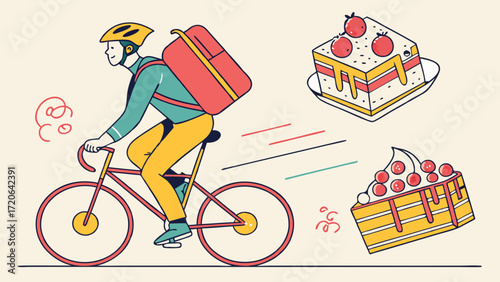 Cyclist Delivering Delicious Cakes Retro Style Illustration