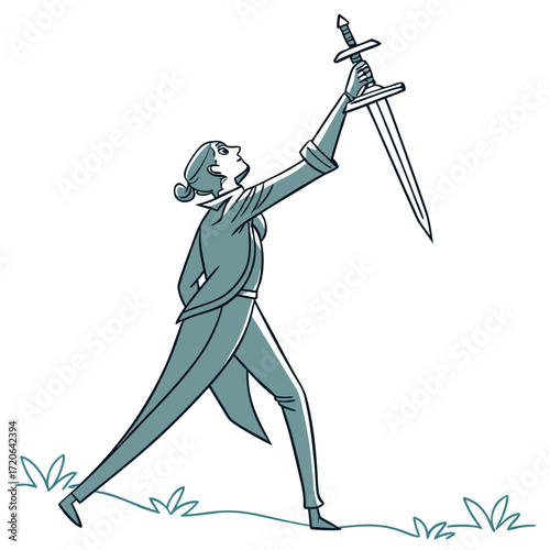 Determined Figure in Formal Attire Holding Sword High