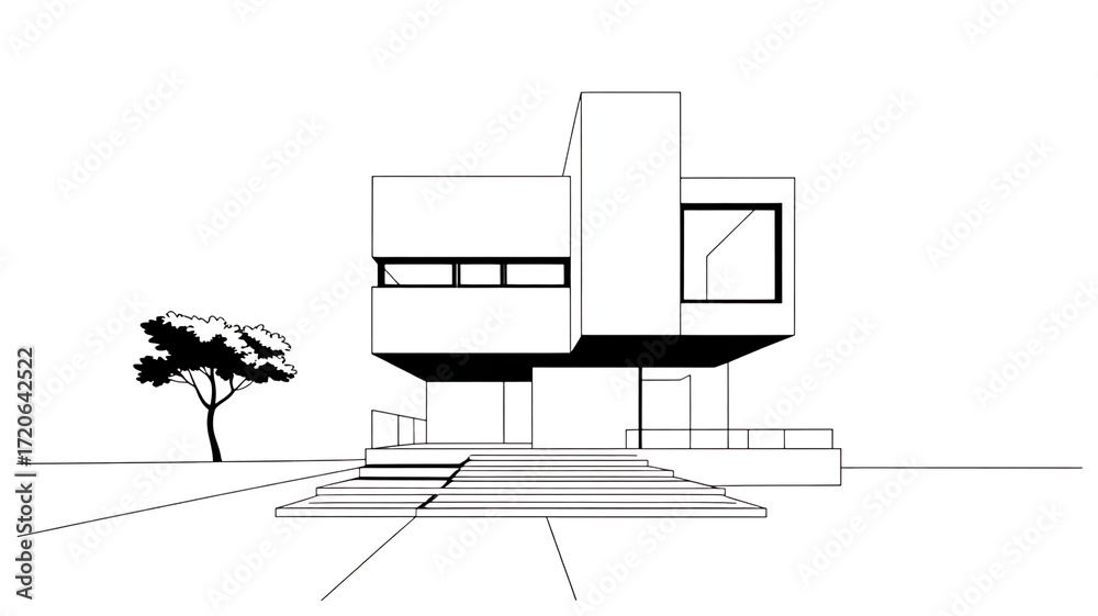 Fototapeta premium Architectural sketch of a modern house with a tree and pathway isolated on transparent background