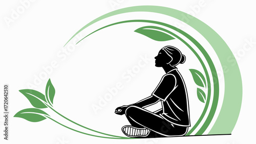 Meditating Woman Silhouette with Green Leafy Circular Design Element
