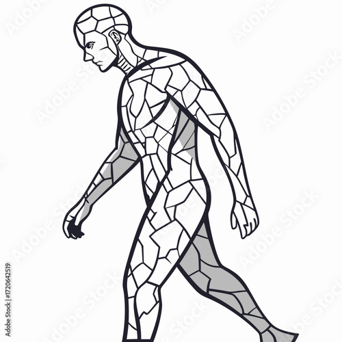 Mosaic Man Walking Pen Sketch Side Profile Cracked Surface Texture