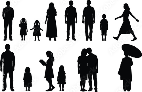 Silhouette collection of people, family members, children and adults, walking, reading, standing, various poses for lifestyle and design use
