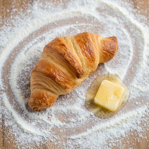 Croissant and butter on floury surface
