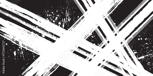 Abstract Bold White Paint Strokes and Ink Splatter on Black Grunge Background