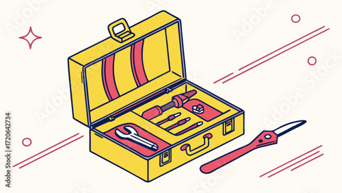 Yellow toolbox with red accents containing various tools and a utility knife