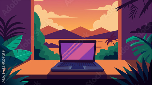 A laptop on a veranda offers a frontrow seat to the breathtaking colors of a jungle sunset a moment to pause and take in the natural splendor.. Vector illustration