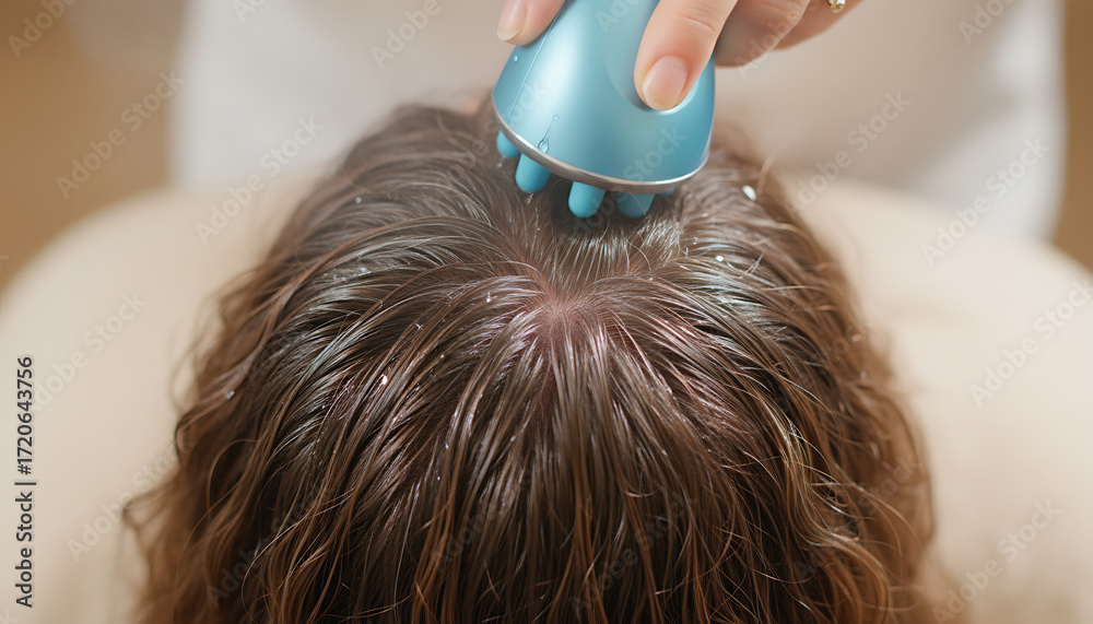 Naklejka premium scalp hair hair gently chestnut is the massaged by gray strands woman's holding a with massager the massage blue serum hand a and soothes strengthens with follicles 85128030 1