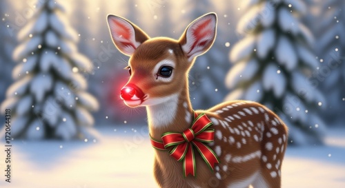 Adorable Baby Fawn with a Glowing Red Nose and Red Bow in a Magical Snowy Winter Forest Scene