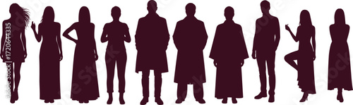 Silhouette of diverse people standing in a row, fashion poses, men and women, modern clothing, shadow effect, full length.