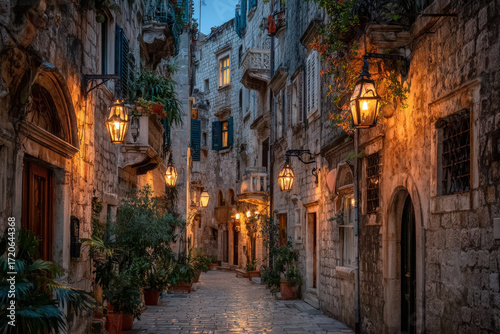 Narrow European old town street with stone houses and glowing lanterns at night