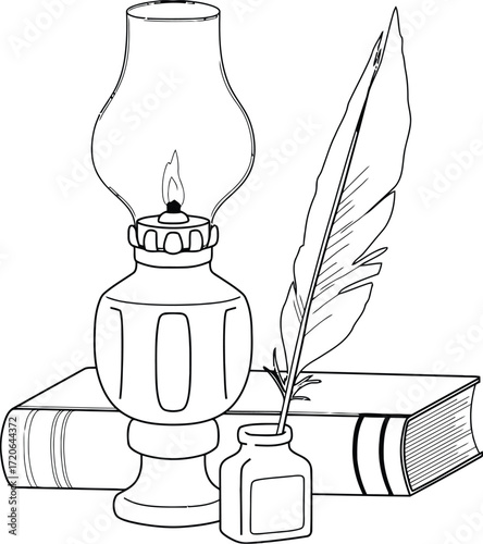 Vintage Literary Composition: The image features a vintage composition, evoking a sense of history with an oil lamp, quill pen, inkwell, and book. The elements come together.
