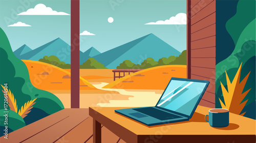 As a gentle breeze blows through the veranda a laptop rests on a table offering a stunning view of the untamed wilderness beyond.. Vector illustration