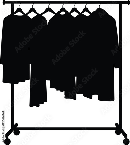Silhouette of clothes rack, hanging garments, fashion wardrobe, clothing storage, retail display, black vector illustration, apparel organization, boutique style