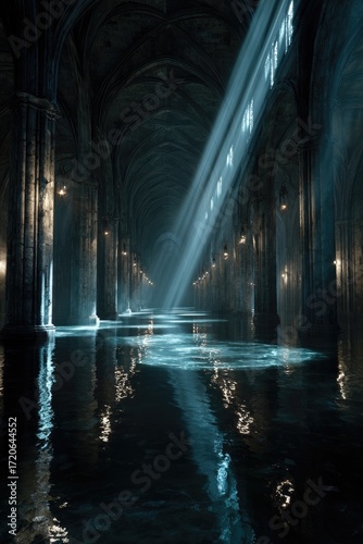 Sunbeams pierce a dark, flooded gothic hall; water reflects the stone pillars and arched ceilings, creating a mysterious, ethereal atmosphere