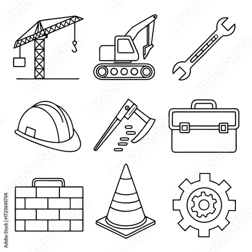 “Minimal outline construction icons — crane, excavator, hard hat, hammer, wrench, toolbox, blueprint, bricks, safety cone, gear — thin stroke vector.”
