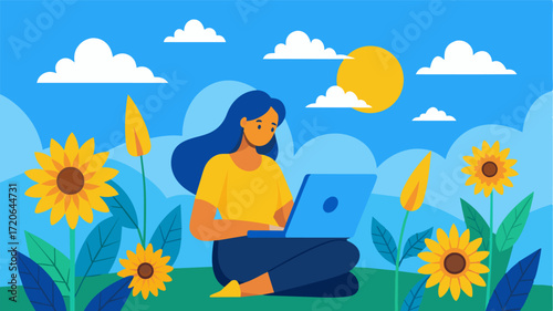 A blissful work setting sitting in a sunflower field with a laptop gazing at the blue sky.. Vector illustration