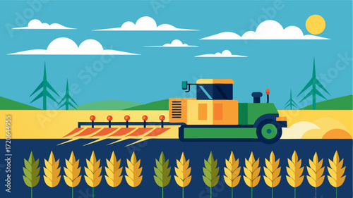 An electricpowered harvester silently glides through a field of wheat powered by renewable energy and reducing emissions compared to traditional diesel harvesters.. Vector illustration