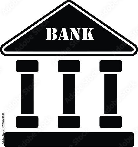 Bank Icon in Black and White: A simple, elegant, black and white icon, representing a bank. It is perfect for finance, savings, and banking-related designs.