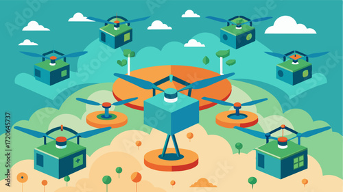 A smart agriculture drone swarm collaborating and communicating to cover large areas efficiently for data collection and analysis.. Vector illustration