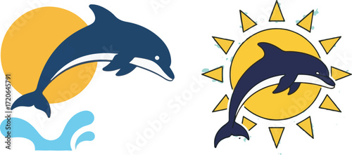Dolphin Illustration with Sun and Ocean Wave