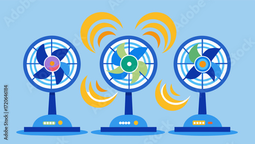 A set of strategically p fans that turn on and off based on humidity levels ensuring consistent air circulation.. Vector illustration