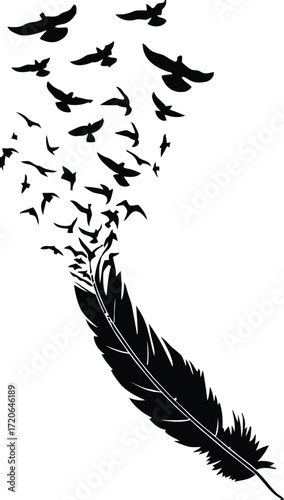 black feather, dark silhouettes of birds, flock of birds, flying birds, high contrast illustration, minimalist artwork, monochrome design, negative space art, stylized avian shapes, vector graphic
