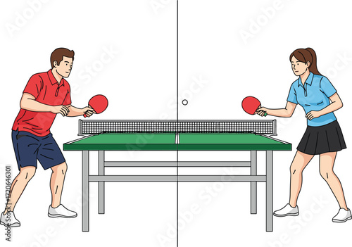 Man and woman playing table tennis, ping pong match indoors, sports activity, healthy lifestyle, competitive game, recreation, fitness, teamwork, fun