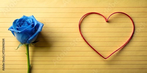 Blue rose and heart shape on a textured wooden background