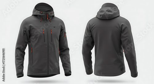 Technical mountain jacket with zipper mockup, modern outdoor style, isolated on white background