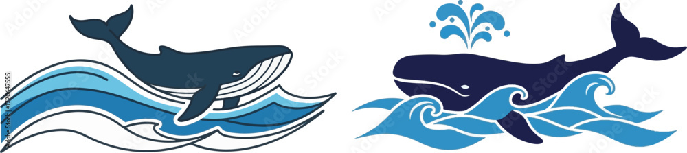 Obraz premium Whale Illustration Set with Ocean Waves
