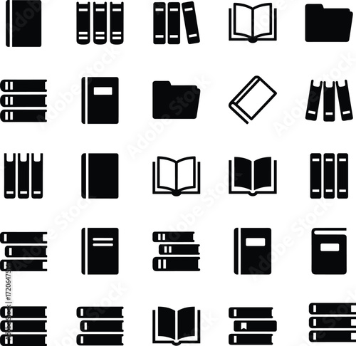 Black and white book and folder icons set, open books, stacked books, file folders, e-reader, education, library, office