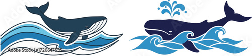 Whale Illustration Set with Ocean Waves